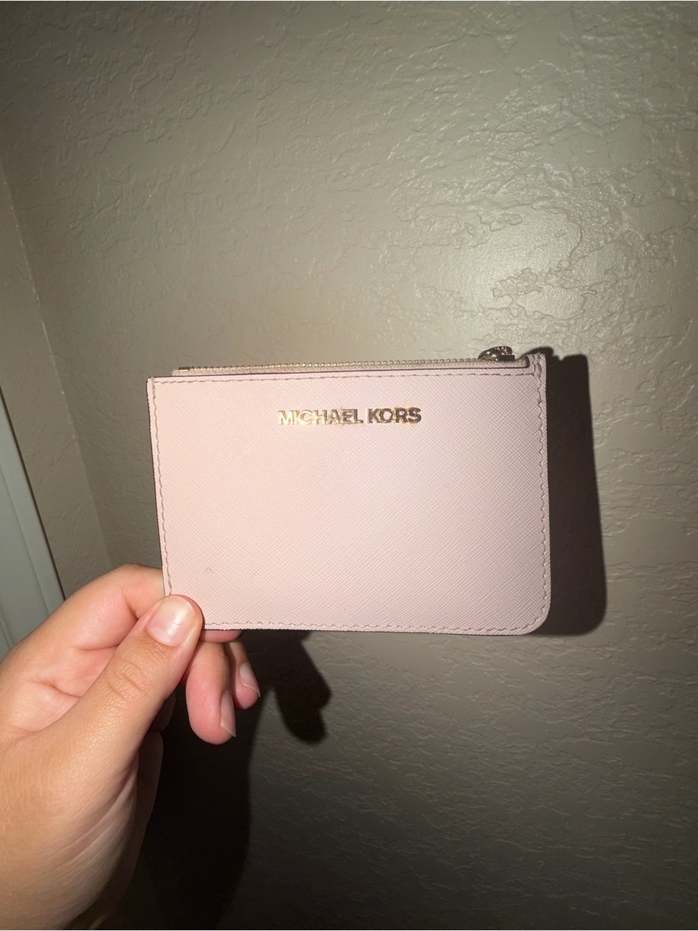 Michael Kors Blush Pink Zip Card Wallet with Gold Logo